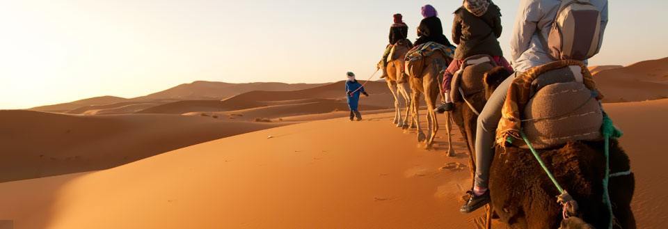En gruppe mennesker på kamelryggen krysser ørkenen ved solnedgang omgitt av gylne sanddyner.