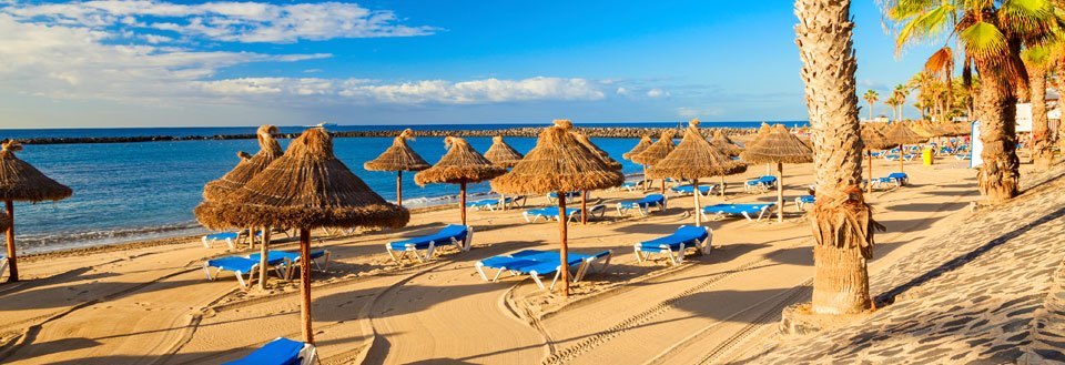 En solfylt strand med paraplyer i rekke og solsenger, klar for dagens strandgjester.