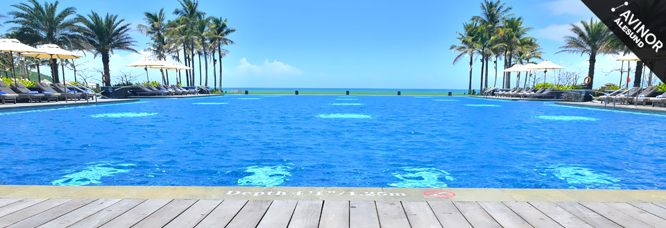 En luksuriøs utendørs svømmebasseng omringet av palmer og solsenger under en klar blå himmel.