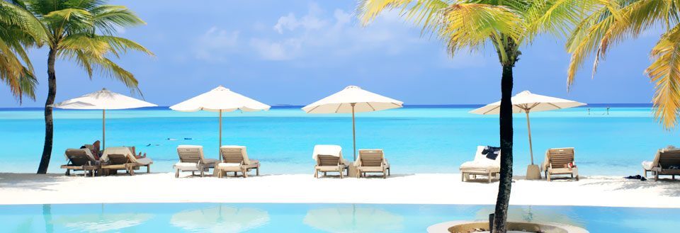 Tropisk strandpanorama med parasoller, solsenger, og palmetrær foran et klart blått hav.