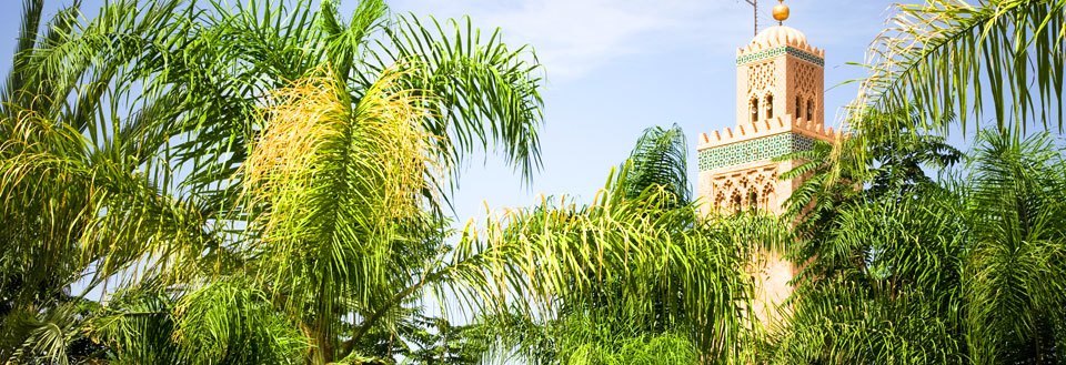 Frodige palmetrær foran en moské med et dekorert tårn under en klar blå himmel.