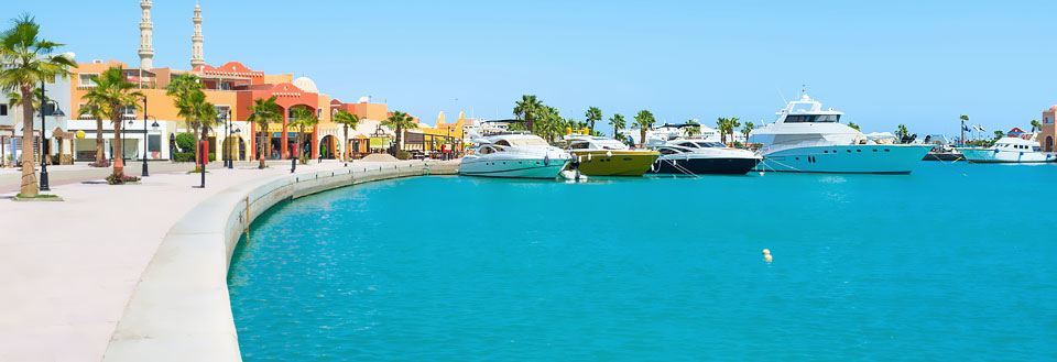 Marina med luksusyachter, klar blå sjø og fargerike bygninger under en klar himmel.