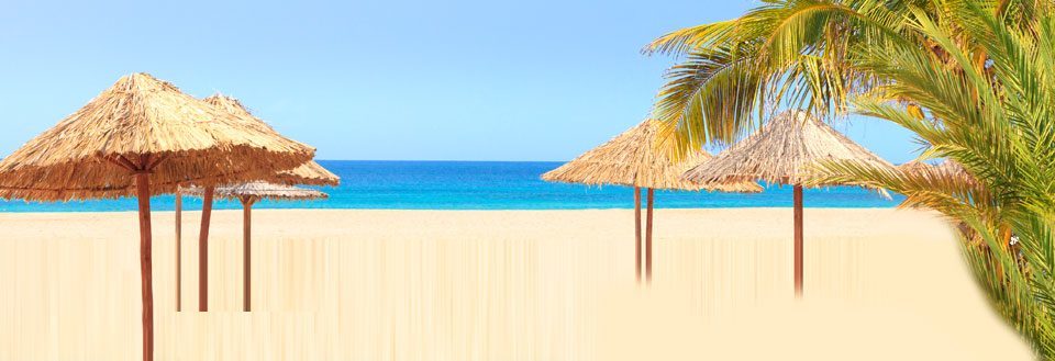 Solrik strand med krystallklart blått hav, gyllen sand, stråparasoller og palme.