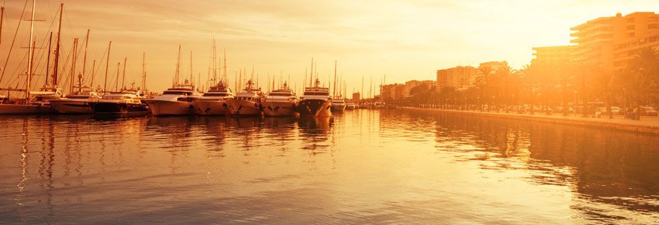 Bilde av en småbåthavn i solnedgang med flere båter og yachter, og bygninger i bakgrunnen.